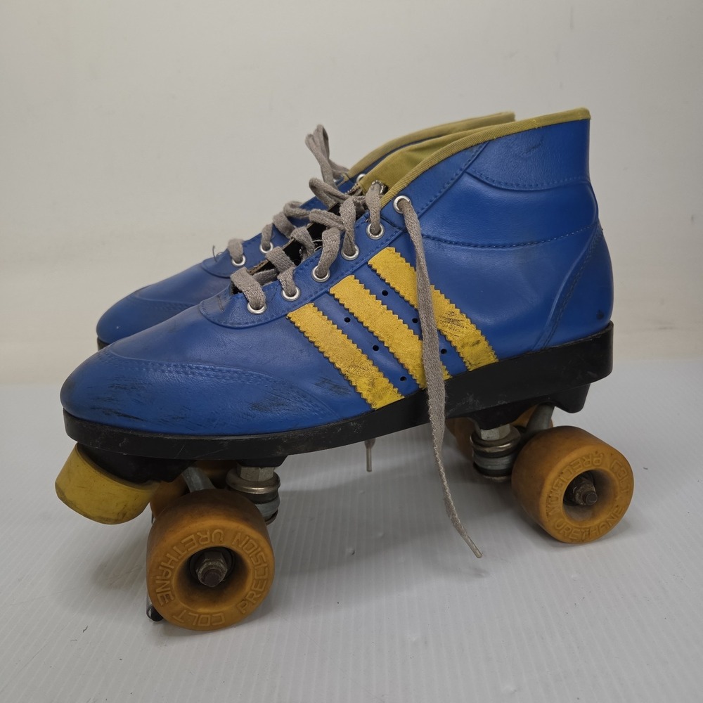VINTAGE Colt‎ 1980s Blue Yellow Striped High Top Roller Skates Size 10
